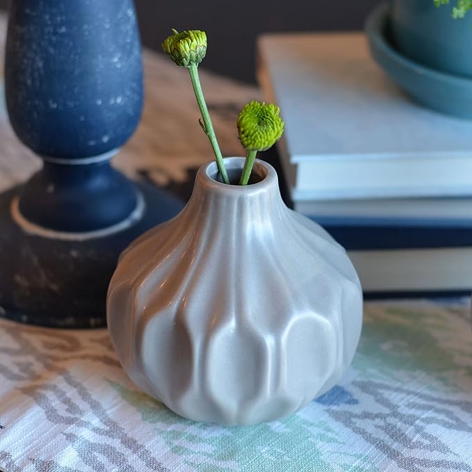 2 Piece Iconic Scandi Vase Set, Neutral Beige, Geometric, Stoneware, 4.25 Inches, Bud Flower Opening, Gourd Shape, Single Stem Vessel