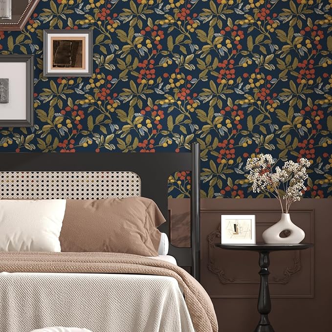 Vintage Wallpaper Peel and Stick, Navy Blue Floral Contact Paper 17.5" x 393.7", Dark Leaf Botanical Wall Paper Self Adhesive Waterproof Removable for Room Shelves Cabinet Drawer Table Decor