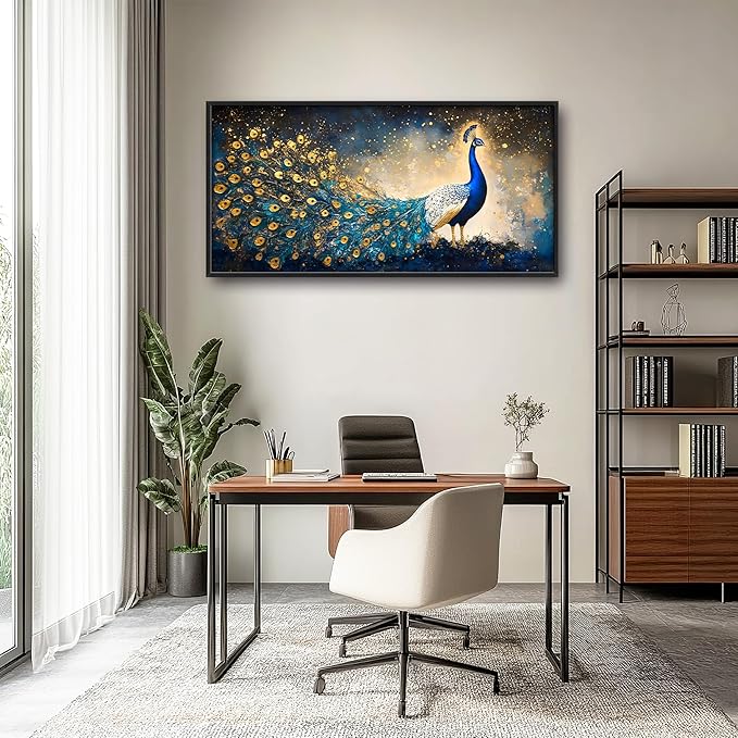 Peacock Large Wall Art Framed Gold Wall Decor for Living Room Mountain Peacock Pictures Oversized Canvas Print Painting Modern Extra Large Framed Artwork for Bedroom Office Home Decor 60"x30"