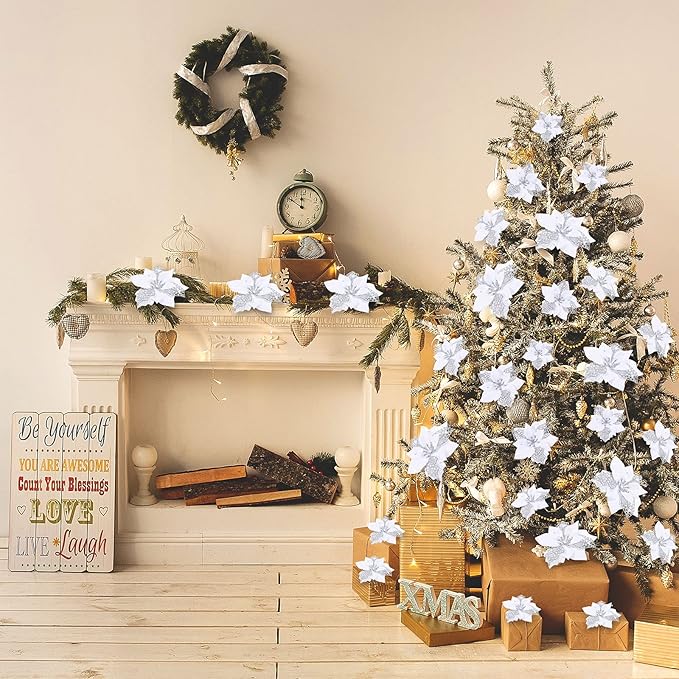 Boao 24 Pieces Christmas Artificial Glitter Poinsettia Flowers Xmas Flowers Wedding Christmas Tree New Year Ornaments(White)