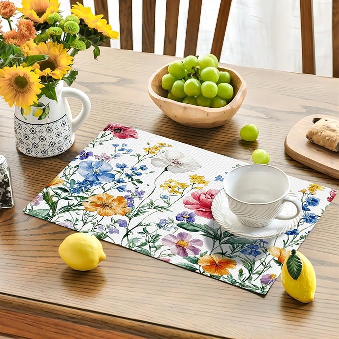 Poppy Floral Placemats Set of 4, Watercolor Wildflower Place Mats, Leaves Spring Dining Table Mats, Washable Flower Placemats for Kitchen Dining Room Home Decor 18L'' × 12W''