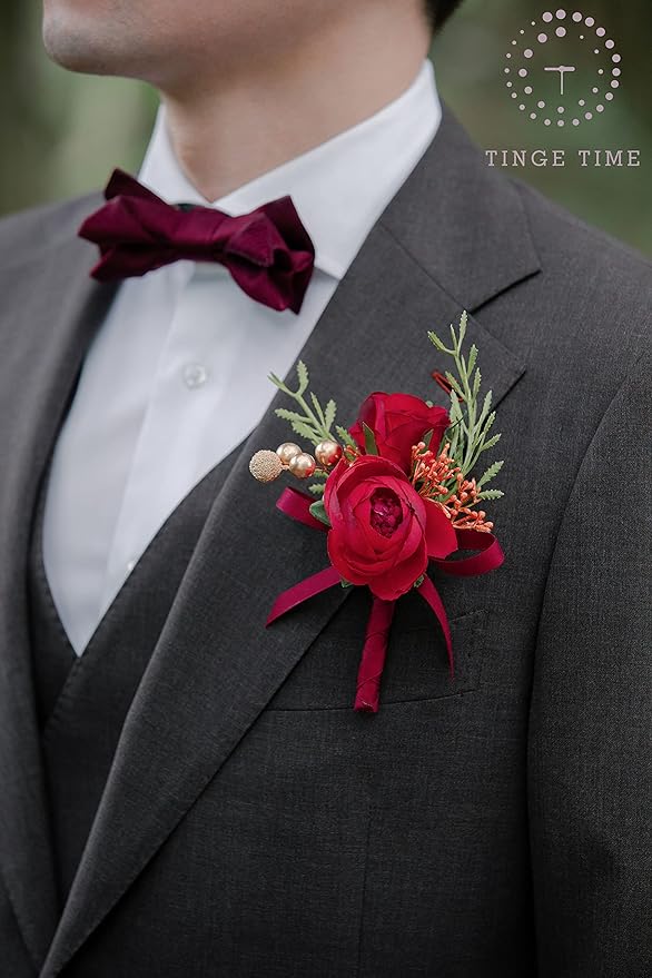 TINGE TIME Boutonniere for Men Wedding,Groom and Best Man Boutonniere for Wedding Ceremony Anniversary, Formal Dinner Party and Rustic Spring Wedding Marriage (10, Deep Red)