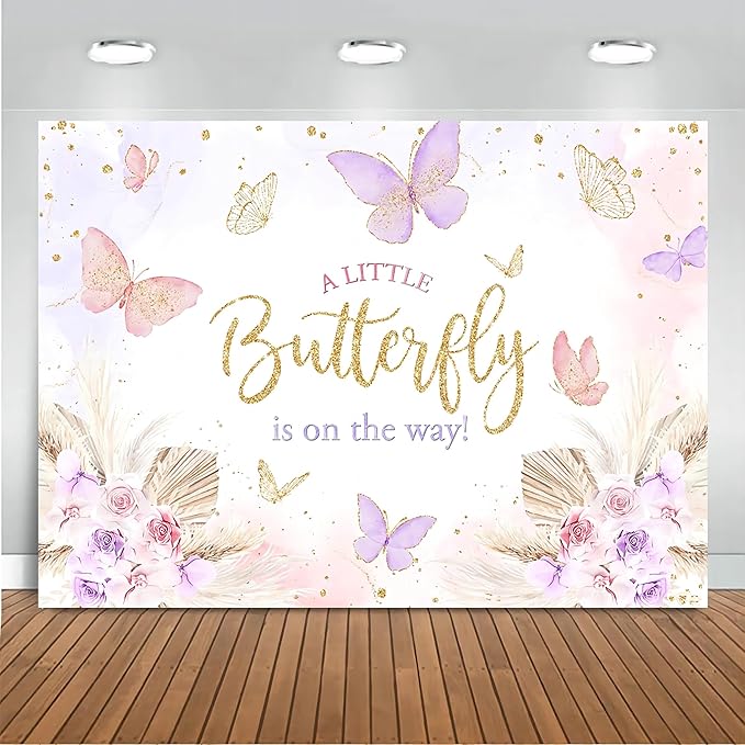Mocsicka Butterfly Baby Shower Backdrop for Girl's A Little Butterfly is on The Way Pink Florals Flowers Photography Background Princess Girl Party Decoration Photography Props (8x6ft, Gold)