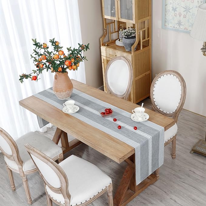 Farmhouse Braided Striped Table Runner Rustic Embroidery Coffee Table Runners for Decorations Weddings Holiday Grey 13x90inch