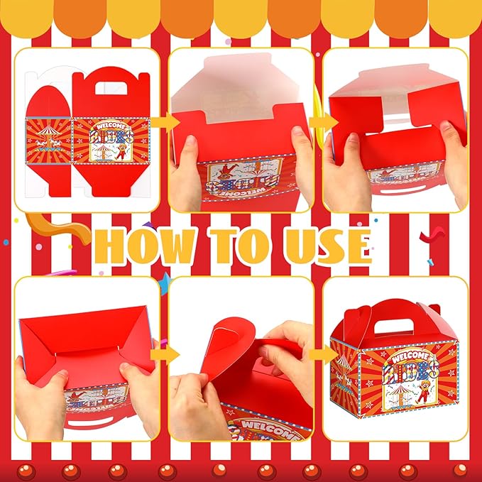 24 Pcs Halloween Circus Carnival Party Favors Boxes Goodie Candy Treat Gift Boxes with Handles Halloween Candy Containers for Circus Carnival Theme Party Decorations Birthday Gift Wrapping