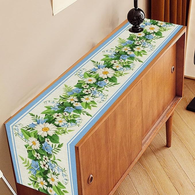 Wild Flower Table Runner, Vintage Seasonal Spring Daisy Flower Rustic Blue Farmhouse Table Center Decor for Family Kitchen Farmhouse Holiday Party Table Decorations Indoor Outdoor 13x72 inch