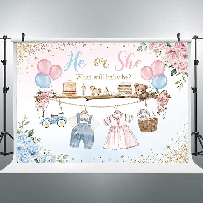 Riyidecor Gender Reveal Backdrop Polyester Fabric He or She Pink Blue What Will Baby Be Baby Shower 7Wx5H Feet Boho Watercolor Floral Flower Balloons Photography Background Newborn Photo Studio Shoot