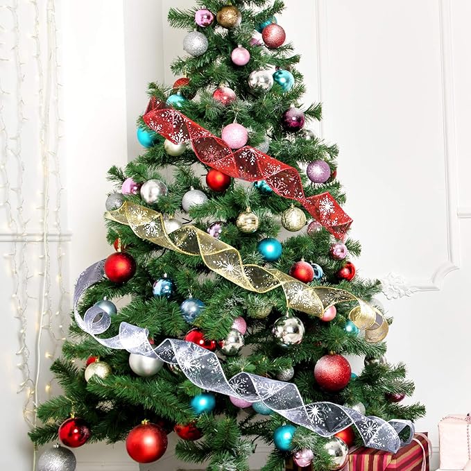 2.5 Inch Wide Christmas Wired Ribbon Snowflake Organza Sheer Glitter Ribbon for Xmas Tree, Wreath, Party Decoration, Gift Wrapping (Red, 10.9 Yards)