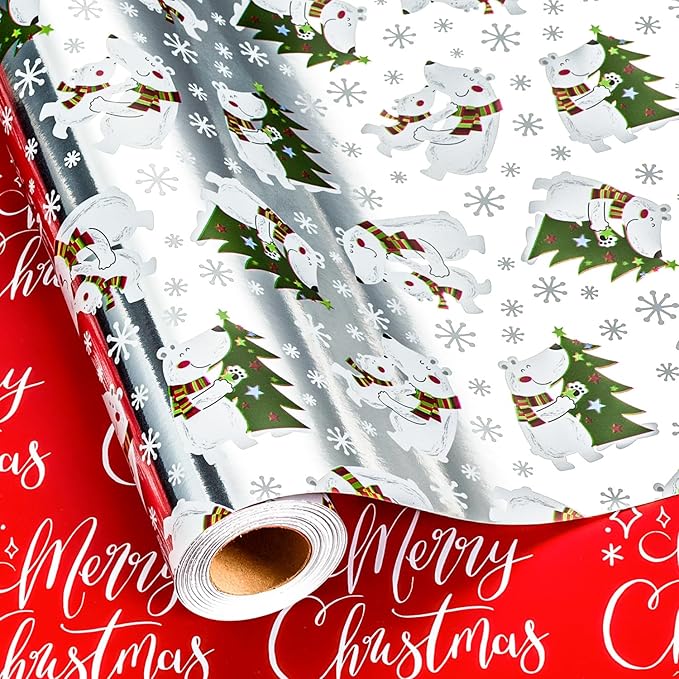 MAYPLUSS Christmas Wrapping Paper Roll - 17 Inch X 33 Feet - Silver Gift Wrapping Paper Christmas Tree Polar Bear Snowflake Reversible Red for Holiday Party New Year Kids