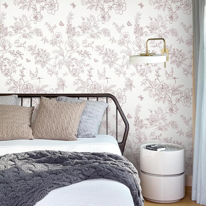 Red and White Floral Peel and Stick Wallpaper 16.9"x196.8" Vintage Floral Contact Paper Peel and Stick Bird Flower Wallpaper Self Adhesive Removable Wall Paper for Cabinets Bathroom Decorative