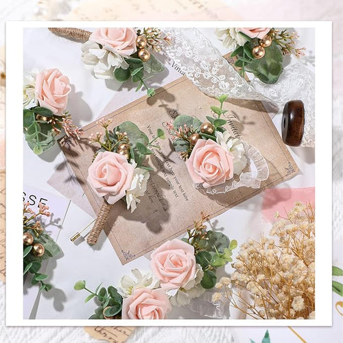 12 Pcs Wedding Wrist Corsage and Boutonniere Set Rose Wrist Corsage for Prom Boutonniere for Men Wedding Flowers Accessories Prom Suit Decorations for Wedding Ceremony Anniversary (Pink)