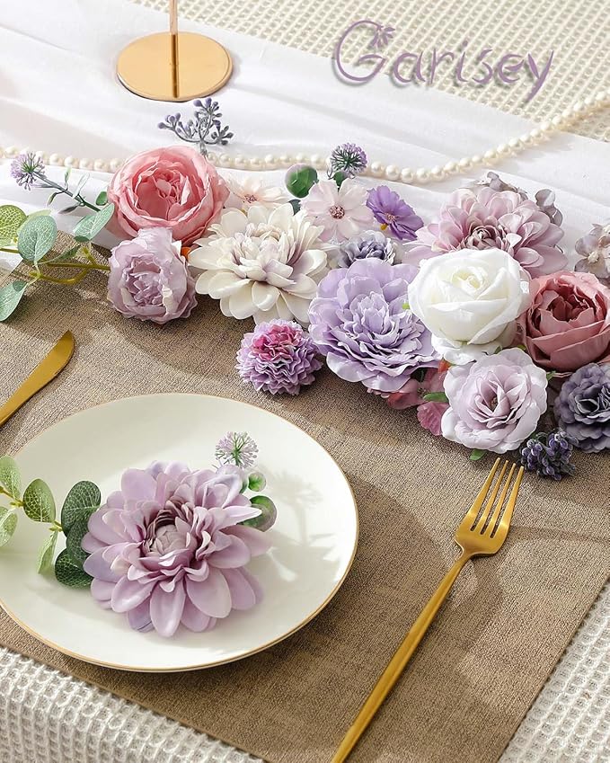 Artificial Flowers Combo Box Set Purple Fake Silk Flower for DIY Wedding Bouquet Arrangements Bridal Shower Party Home Decorations(White Purple Peony)