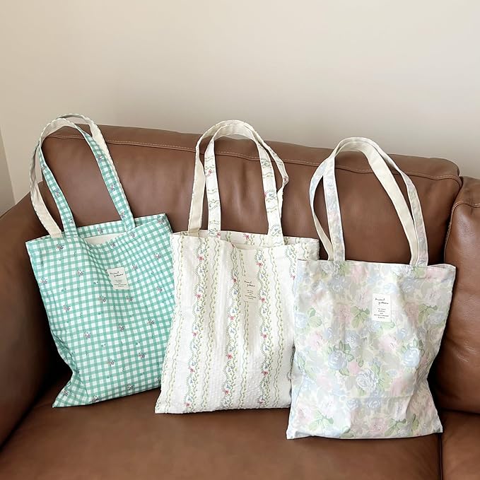 Cotton Canvas Tote Bag Reusable Soft Grocery Cloth Bag Floral Shoulder Bag for Beach Travel Shopping