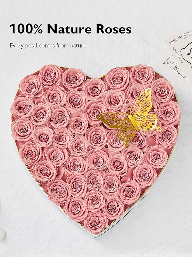 Eterfield 47 Forever Flowers in Heart Shape Box, Preserved Roses That Last a Year Preserved Flowers Birthday Gifts for Her Mom Women Wife Anniversary Valentines Day Mothers Day Christmas, Dusty Pink