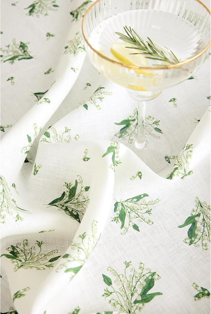 Solino Home Lily Floral Print Table Runner 90 Inches Long - 100% Pure Linen Table Runner 14 x 90 Inch - Lily of The Valley/White Print