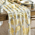Artoid Mode Beige Gold Dahlia Flower Gauze Table Runner 120 Inch 10FT, Glitter Metallic Foil Seasonal Sheer Dining Holiday Table Decor for Home Party