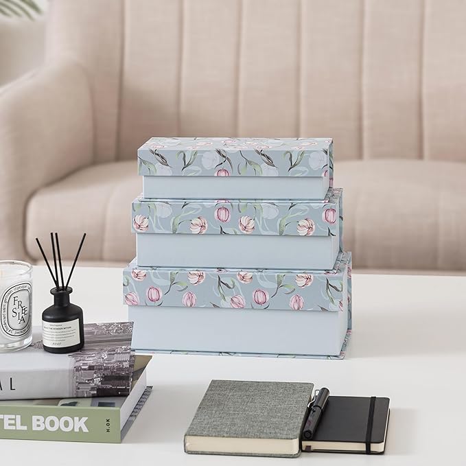 Soul & Lane Decorative Storage Boxes with Lids, Set of 3 Cardboard Boxes for Home Décor and Documents, Memory Organizers for Keepsakes with Magnetic Closure, Photo Storage, Spring Classic