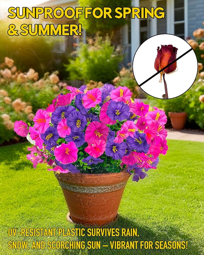 UV Resistant Fake Flowers for Outdoor Planters Hanging Basket Window Box - 12 Bundles Realistic Silk Artificial Flowers Outside with Eucalyptus, Faux Plants for Porch Garden Patio Home Décorations