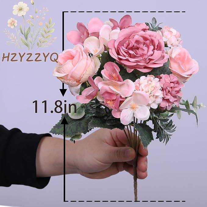8 Pack Artificial Peony Flowers, Silk Peonies Flowers Fake Peonies Artificial Flowers Peonies Hydrangea Bouquet for Centerpiece Table Wedding Party Home Decor (8, Rose + Pink)