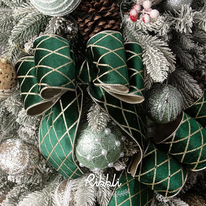 Ribbli Forest Green Velvet Ribbon Wired with Glitter Diamond Grid 4 Inch Christmas Ribbon for Christmas Tree Decoration Big Bow Gift Wrapping Crafts Wreaths Garland Supplies - 10 Yards