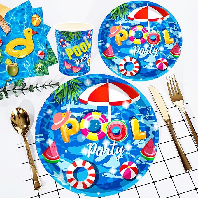 175Pcs Pool Party Supplies Beach Ball Party Set 9"Pool Party Plates 7"Beach Dessert Plate Napkins Cup Knive Fork Spoon for luau Ball Water Tube Picnic PoolBirthday Party Decor Serve25