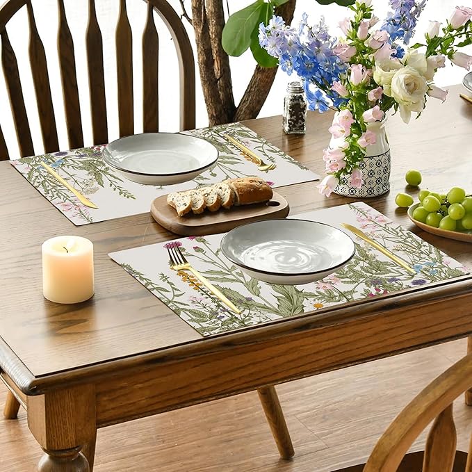 Wild Flowers Placemats Set of 4,Vintage Floral Plant 12x18 Inch Non-Slip Washable Heat Resistant Linen Fabric Table Mats,Place Mats for Holiday Party