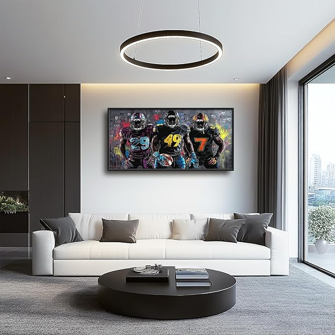 Large Football Wall Art for Living Room, Framed Oversized Graffiti Sport Wall Decor Cool Canvas Painting Pictures for Men Modern Artwork for Living Room Bathroom Bedroom Office Dining Room 60"x30"