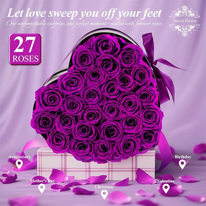 27 Forver Preserved Flowers in a Heart Box, Flowers for Her,Eternal Roses Flowers for Delivery Prime, Flowers Birthday Gifts for Women Mom Grandma Wife - Purple