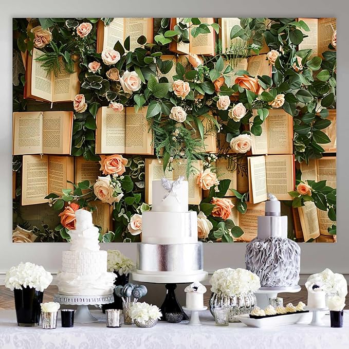 7x5FT Vintage Bookshelf Backdrop for Photography Pink Rose Flowers Green Leaves Book Page Background Wedding Bridal Shower Kids Birthday Party Banner Supplies KUBDJ977