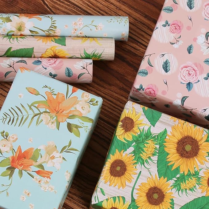 Aimyoo Sunflower Floral Wrapping Paper Jumbo Roll 17 in x 60 ft, Yellow Flower Gift Wrap for Wedding Bridal Shower Women Birthday