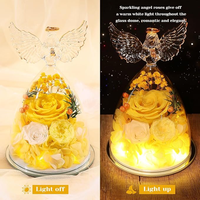 FIACO Gifts for Women Preserved Rose Forever Flower in Glass Angel Figurine Fresh Flowers for Delivery Mothers Day Birthday Gifts for Mom Grandma Wife Sister Yellow