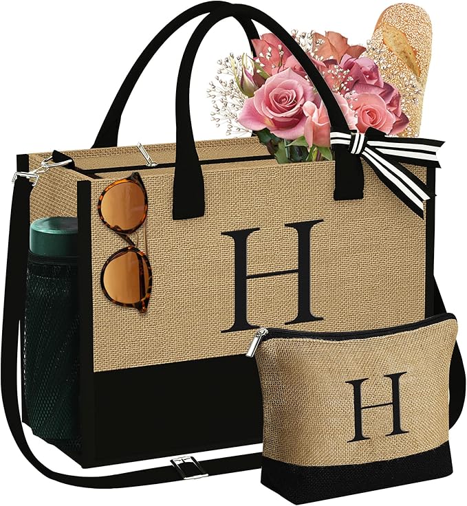 YOOLIFE Christmas Gifts for Women - Initial Jute Tote Bag & Makeup Bag, Birthday Gifts for Women Mom Wife Teacher Friend