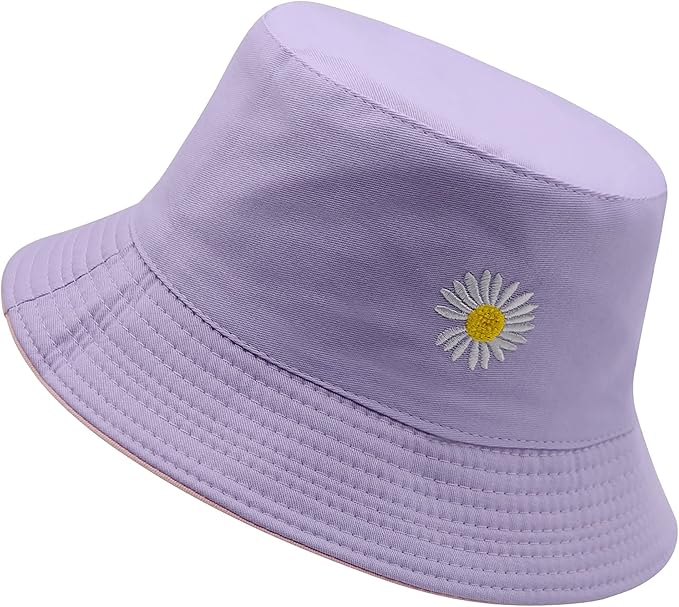 Flower Reversible Bucket Hat Cotton Summer Travel Beach Sun Hats Emboridery for Women Men