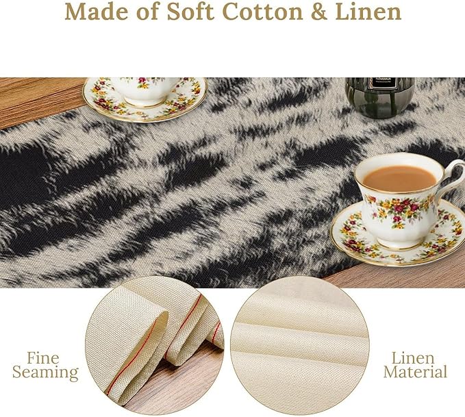 Cow Skin Print Table Runner, Rustic Country Farmhouse Animal Fur Skin Western Farm Black Cowhide Print Dinner Runner Table Decoration for Home Kitchen Dining 13x108in