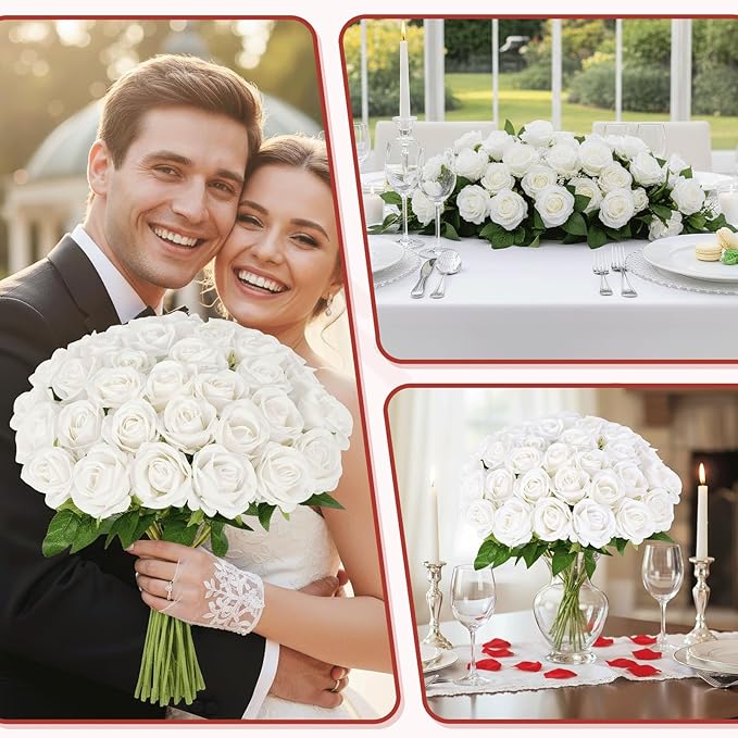 52 PCS White Roses Artificial Flowers, Fake White Roses Bouquet,White Artificial Silk Roses with Stems for Wedding Flowers Decoration, Valentines Day Mothers Day, Bridal Bouquet Roses