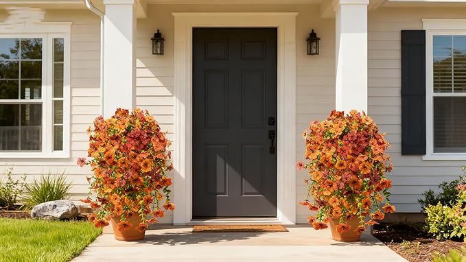 NASAMA 2PCS UVresistant Silk Artificial Flowers Realistic Daisies Hanging Porch Courtyard Window Display Store Garden Decoration Festival Outfit (Green Orange Brown)