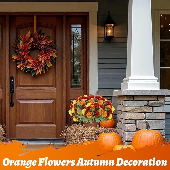 12 Pack with 84 Flower Heads Artificial Chrysanthemum Flowers, Fall Floral Decor for Indoor Outdoor, Porch, Patio, Front Yard, Planters