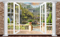 Window Scenery Backdrop White Windowsill Floral Garden Green Forest Natural Rock Stone Photography Background Garden Style Family Union Party Banner Wall Decor Photo Shoot Booth Props 15x10ft