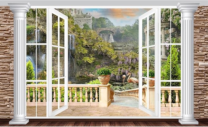 Window Scenery Backdrop White Windowsill Floral Garden Green Forest Natural Rock Stone Photography Background Garden Style Family Union Party Banner Wall Decor Photo Shoot Booth Props 15x8ft