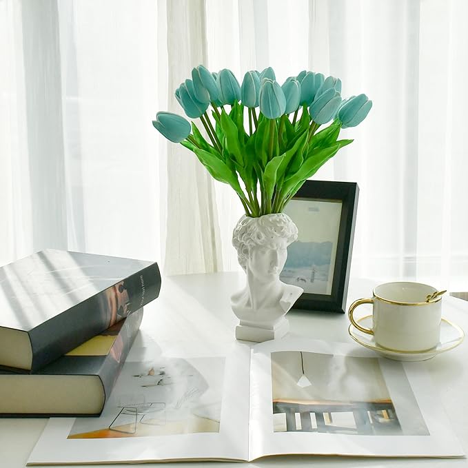 Mandy's Artificial Tulips 20 Stems Robin Egg Blue PU Faux Flowers for Thanksgiving and Christmas Decorations Wedding Home Decor 13.5 Inch