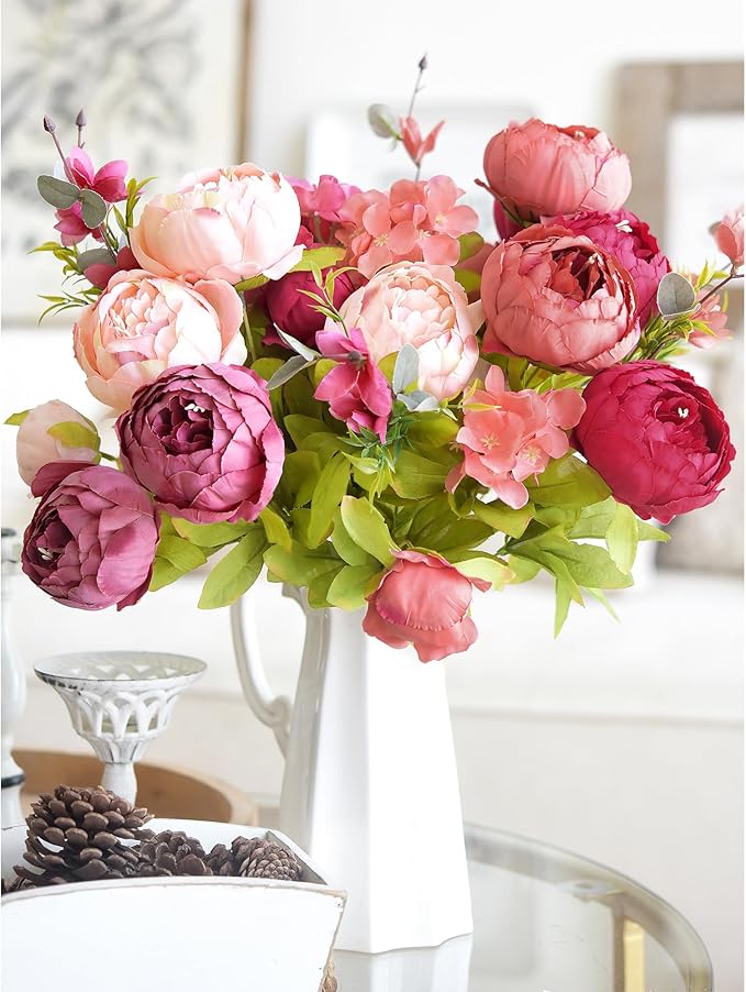 FiveSeasonStuff Vintage Artificial Peonies Silk Flowers and Hydrangeas for Wedding Bridal Home Décor – Beautiful Floral Centerpiece Arrangement Decoration with 2 Bouquets (Cheerful Medley)