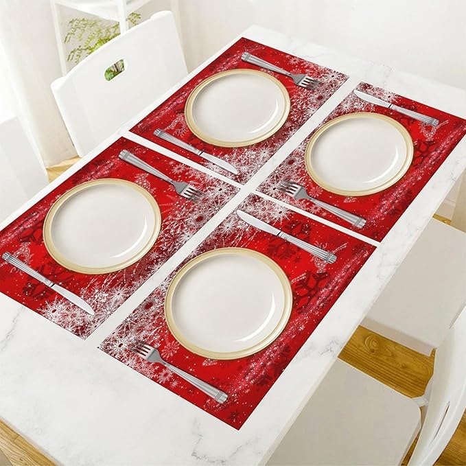 Christmas Elk Placemats Cartoon Red Festive Christmas Snowflake Gift Bell Beautiful Deer Placemats Table Kitchen Dining Party 12x18 Inch Set of 4