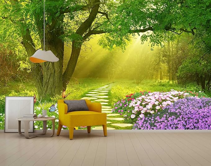 Forest Wallpaper Flower and Road in Forest Wall Mural for Bedroom Living Room TV Background Sofa Wall（Not Peel and Stick）