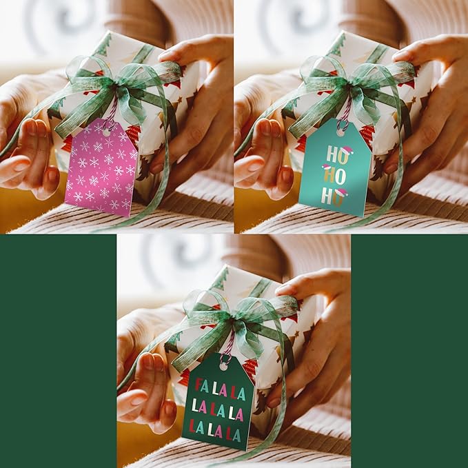 Pro Supply Global 24 Count of 2.5 Inch x 3 Inch Pre Strung Christmas FA La La Gift Tag Assorted Printed Designs on Large Cardstock Gift Hang Tags - Ideal to Use on Bags