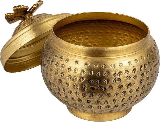 Round Hammered Metal Container with Butterfly Finial, Brass Finish