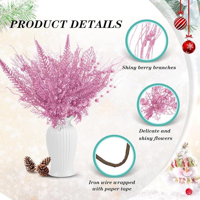 30 Pcs Artificial Christmas Tree Picks and Sprays Glitter Berry Stem Branches Holly Floral Picks Twigs Christmas Tree Ornaments for DIY Xmas Wreath Vase Filler Decorations(Pink)