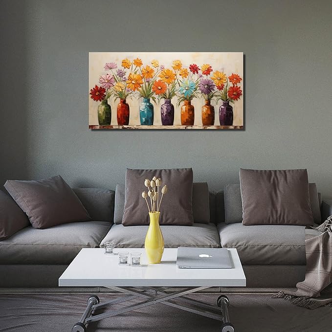 Colorful Daisy Floral Canvas Wall Art, Modern Abstract Flower in Vase Pictures for Living Room Bedroom Office Wall Decor, Horizontal Printed Painting Artwork Home Decorations, Size 40x20 Inches