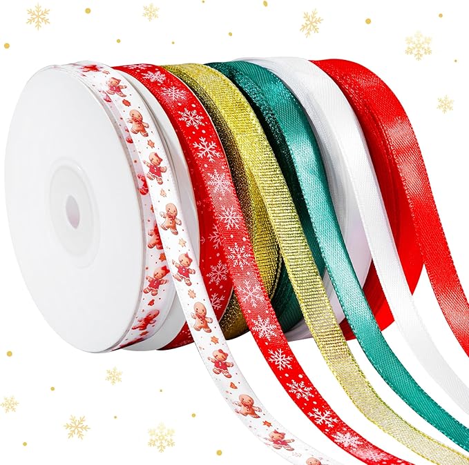 6 Rolls Christmas Ribbon for Crafts 3/8 Inch Glitter Fabric Holiday Festival Grosgrain Ribbon for Wrapping Decoration Floral Bows Craft(Gingerbread)