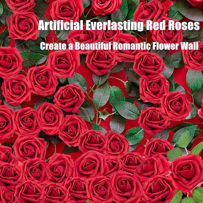 Cliselda 100Pcs Red Fake Roses Artificial Flowers with Stems, Valentine's Day Gifts, Real Touch Foam Rose Bulk Faux Flowers for Wedding Bouquets Centerpieces Flower Arrangement