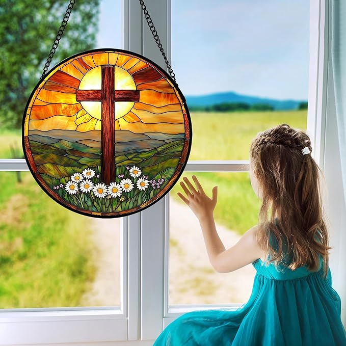 Christian Gifts for Women - Cross Stained Glass Window Hanging Easter Daisy Natural Landscape Sun Catcher Garden Religion Decor Mother's Day Catholic Gift for Men Grandma Mom Her Nana 15"